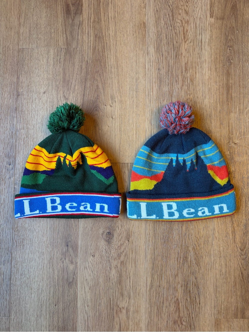L.L.Bean Scenic Mountain Pom Beanies Lot of 2 OS Knit Winter Hats Ski Caps Retro